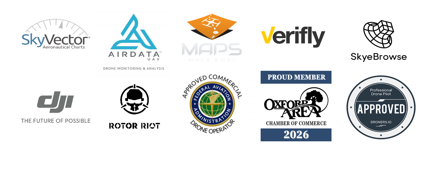 ZigZag Aerial credentials and memberships: FAA, SkyVector, Airdata UAV, Verifly, SkyeBrowse, DJI, Droners.io, Oxford Area Chamber of Commerce